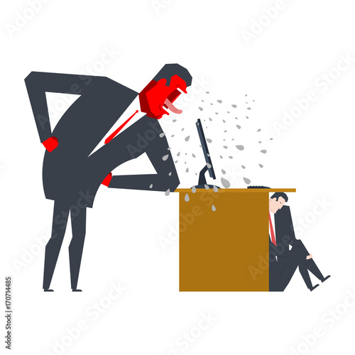 Angry Boss is scolding manager. manager is hiding under table. Office life. Businessman screaming at subordinate. Desktop at computer. Punishment at work. Vector illustration