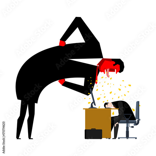 Angry Boss is scolding manager. Office life. Businessman screaming at subordinate. Desktop at computer. Punishment at work. Vector illustration