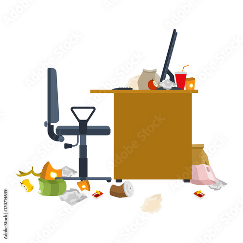Dirty workplace. Garbage and sticks. filthy computer desk. Work at home at PC. Vector illustration