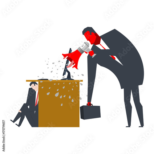 Angry Boss is scolding manager. manager is hiding under table. Office life. Businessman screaming at subordinate. Desktop at computer. Punishment at work. Vector illustration
