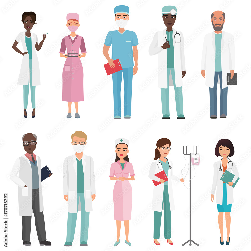 Doctors, nurses and medical staff. Medical team concept in cartoon flat design people character. Doctors, nurses and medical staff. Medical team concept in cartoon flat design people character.