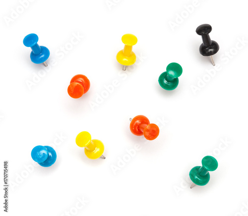 Office / School Objects: Multi COlored Push Pins with little drop shadow Isolated on White Background