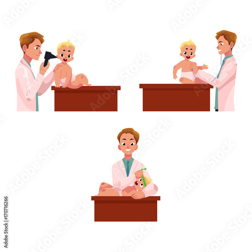 Set of man doctor, pediatrician checking baby, infant ear, heartbeat, head size, cartoon vector illustration isolated on white background. Doctor, pediatrician doing regular medical baby exam