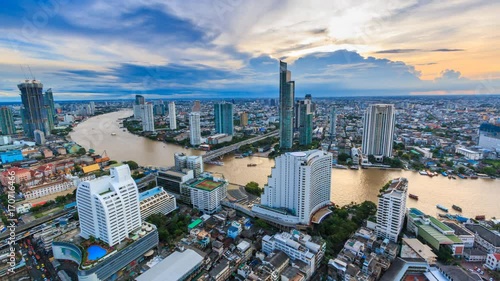 Aerial Bangkok Cityscape Riverside Chao Phraya River Of Thailand 4K Time Lapse