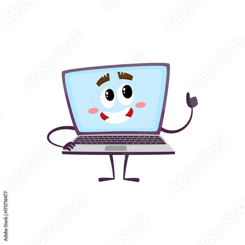vector flat cartoon funny laptop humanized male character with arms, legs and face showing thumbs up smiling . Isolated illustration on a white background.