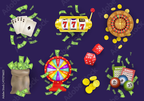 vector flat roulette wheel, golden coins, wheel of fortune, cash money bag. Poker royal flush in spades, bingo lottery balls, tickets. Slot machine, casino chips set. Illustration on blue background.