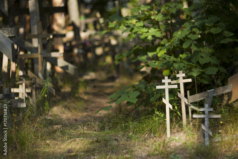 Obraz premium Grabarka, Poland - August 12, 2017: Orthodox crosses brought by pilgrims to the Holy Mount of Grabarka. Podlaskie Voivodeship. Polish Orthodox pilgrimage center.