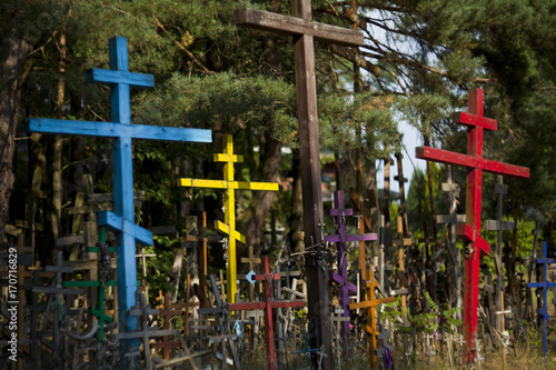 Grabarka, Poland - August 12, 2017: Orthodox crosses brought by pilgrims to the Holy Mount of Grabarka. Podlaskie Voivodeship. Polish Orthodox pilgrimage center.