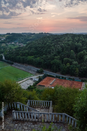 View at the football and tennis field at sunset