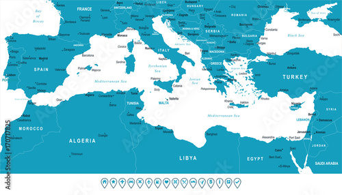 Fototapeta Naklejka Na Ścianę i Meble -  Mediterranean sea Map - Vector Illustration