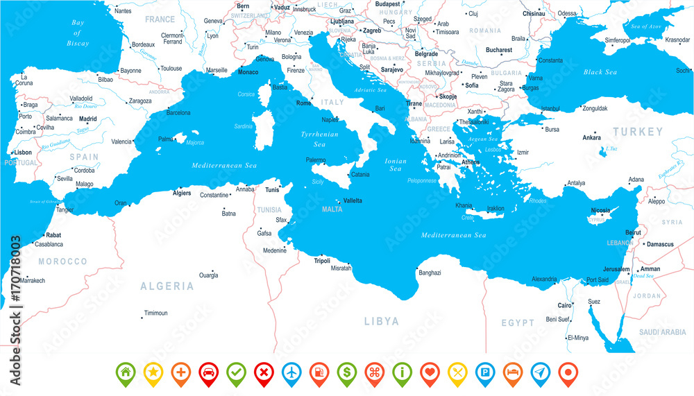 Fototapeta premium Mediterranean sea Map - Vector Illustration