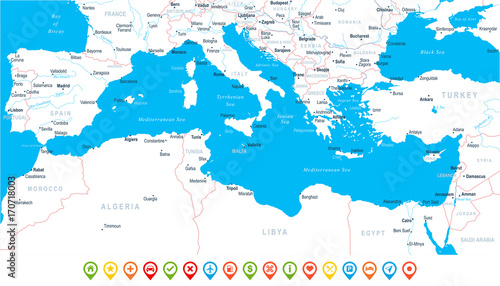 Mediterranean sea Map - Vector Illustration