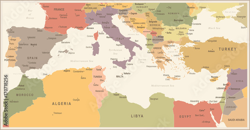 Mediterranean sea Map - Vintage Vector Illustration