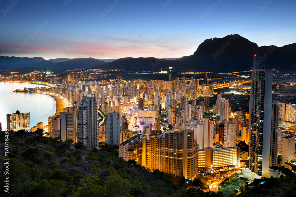 Poster, Foto Benidorm Lights at Sunset, Alicante Province, Spain - Koop op  EuroPosters.nl