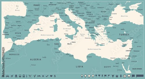 Mediterranean sea Map - Vintage Vector Illustration