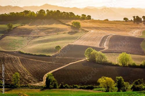 Obraz na plátne Stunning beautiful landscape view of Tuscany fields at Barberino di Mugello in t