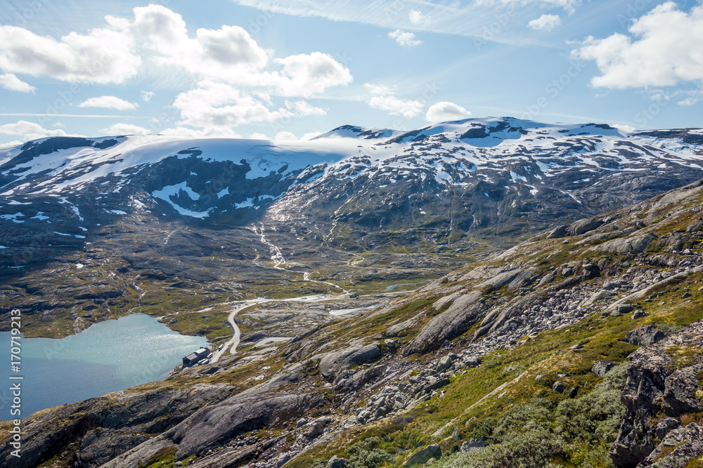 Panorama of summer landscape in Norway - river, stones, mountings