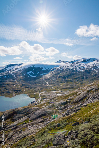 Panorama of summer landscape in Norway - river  stones  mountings