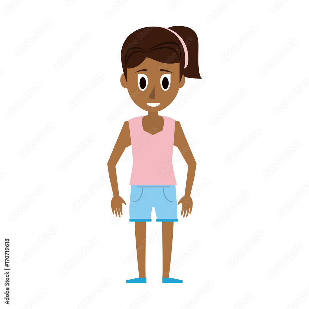 young woman with dark skin wearing shorts and pink shirt icon image vector illustration design 