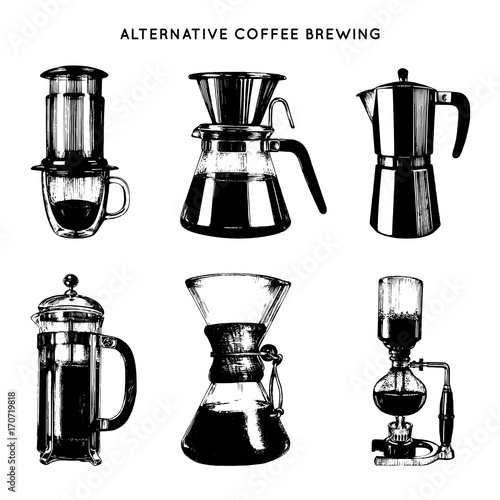 Fototapete Vector alternative coffee brewing illustrations set