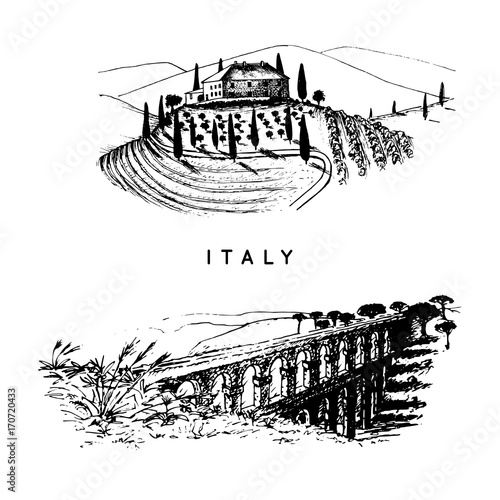 Italian landscapes set with roman aqueduct and Tuscany villa. Vector hand sketched illustration of Italy sights.