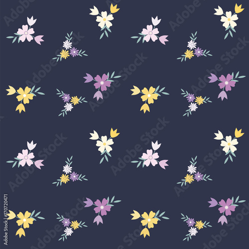 Pattern - wildflowers - purple, yellow, pink on a dark blue background - art creative vector