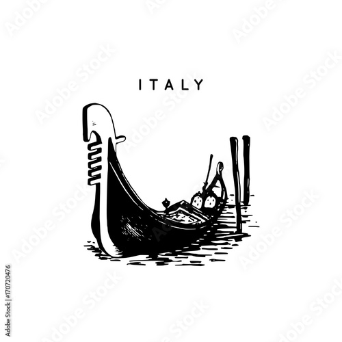 Venetian gondola drawing. Venice touristic symbol. Vector hand sketched illustration of Italy sights