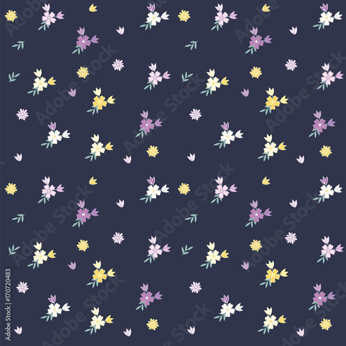 Pattern - wildflowers - small - purple, yellow on a dark blue background - art creative vector