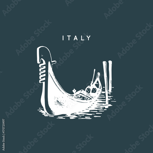 Venetian gondola drawing. Venice touristic symbol. Vector hand sketched illustration of Italy sights