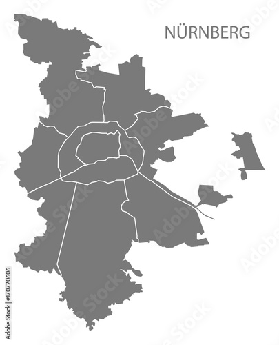 Nuremberg city map with boroughs grey illustration silhouette shape