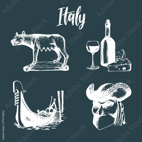 Italian set of sketches. Hand drawn illustrations of Italy travel symbols. Vector touristic signs of vacations.
