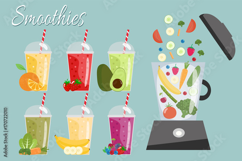 Cartoon smoothies. Orange, strawberry, berry, banana and avocado smoothie. Organic fruit shake smoothie. Food processor, mixer, blender with fruits, vegetables and berries.