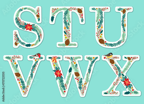 Fototapeta Naklejka Na Ścianę i Meble -  Cute vintage hand drawn rustic floral Christmas alphabet