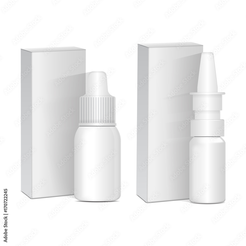 Set of Spray Nasal or Eye Antiseptic Drugs. White Plastic Bottle With Box. Common Cold, Allergies. Vector Realistic Mock Up Set of Spray Nasal or Eye Antiseptic Drugs. White Plastic Bottle With Box. Common Cold, Allergies. Vector Realistic Mock Up