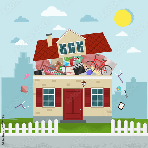 The concept of excessive  consumerism. House bursting of stuff. Vector illustration. photo