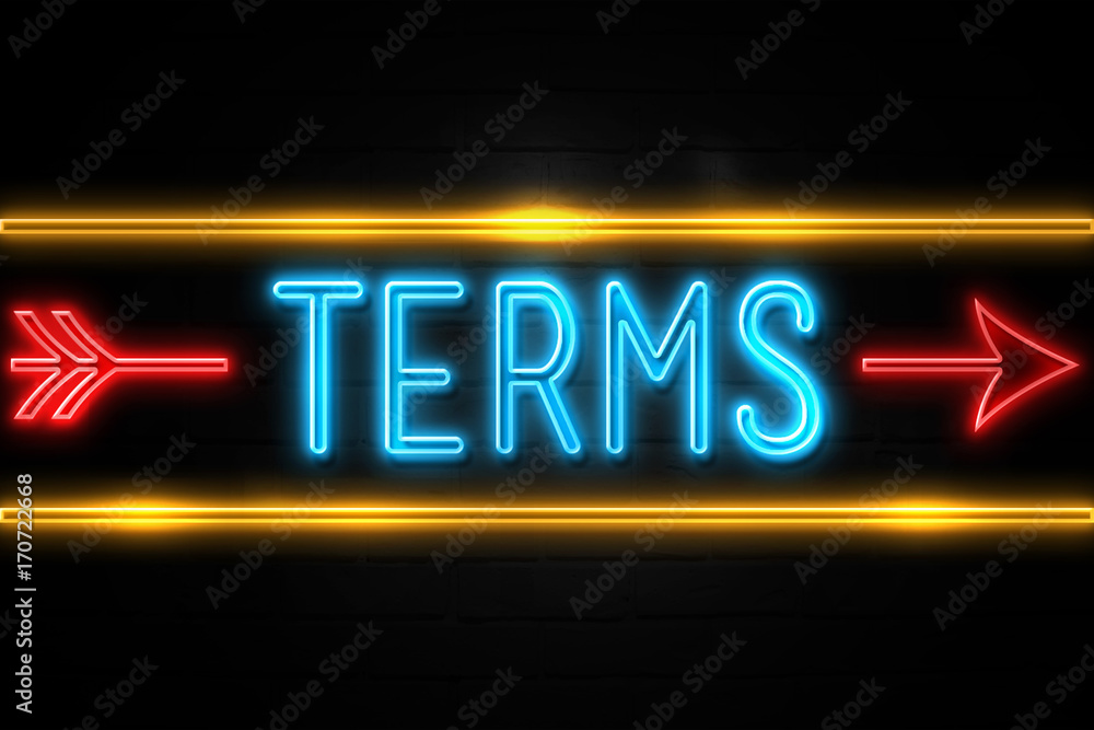 Terms  - fluorescent Neon Sign on brickwall Front view
