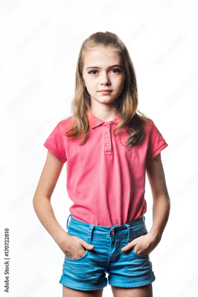 Fototapeta premium Portrait of a emotional beautiful little girl. Isolated on white background.