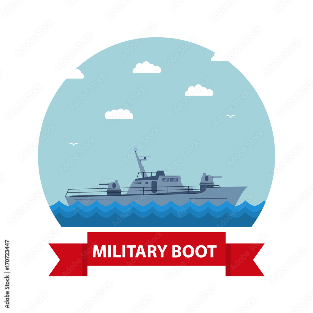 Icon with the fighting boat in flat style.The military boat in flat style battleship.Modern fighting patrol ship. Boundary gun boat. Naval frigate.