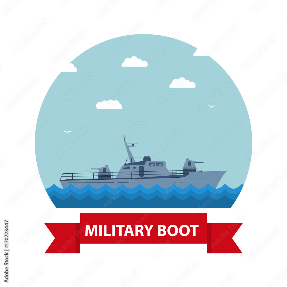 Icon with the fighting boat in flat style.The military boat in flat style battleship.Modern fighting patrol ship. Boundary gun boat. Naval frigate. Icon with the fighting boat in flat style.The military boat in flat style battleship.Modern fighting patrol ship. Boundary gun boat. Naval frigate.