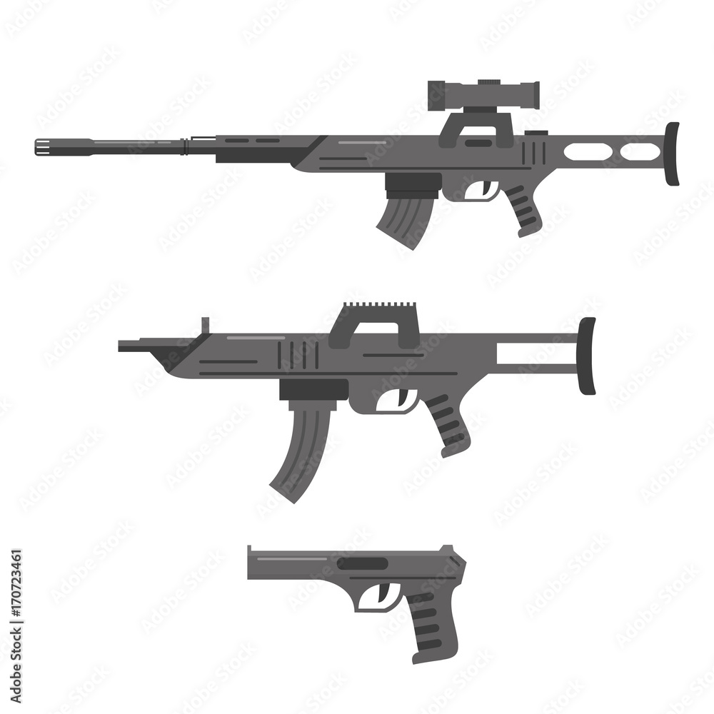 A set of sniper rifle, the assault rifle and the gun in flat style Firearms a vector in flat style.Automatic rifle, machine gun.collection of weapons white background.Weapon concept for your design A set of sniper rifle, the assault rifle and the gun in flat style Firearms a vector in flat style.Automatic rifle, machine gun.collection of weapons white background.Weapon concept for your design