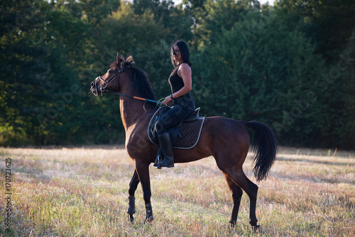 Woman riding a horse in sunset