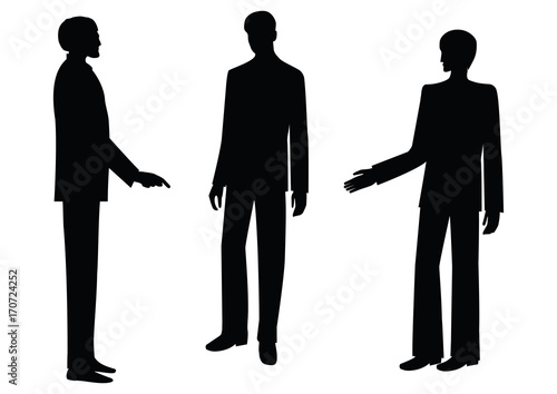 Silhouettes of men - colleagues, co-workers, boss and subordinates, isolated on white background, - art, creative, modern vector illustration