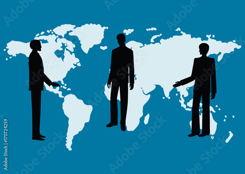 Silhouettes of men - colleagues, co-workers, boss and subordinates, against the background of the world map - blue background - art, creative, modern vector illustration
