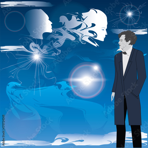 Modern man, philosopher, mystic, poet, against the blue sky, clouds, manifestation of spiritual essences - art abstract, creative, modern vector illustration.