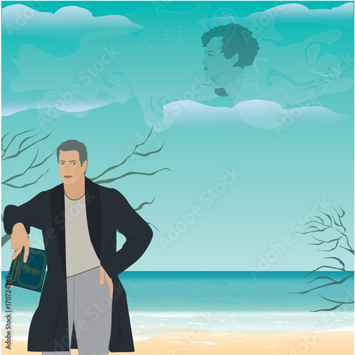 Man with book in hand on background of sea landscape - clouds and poetry image of poet, art, creative, modern vector illustration