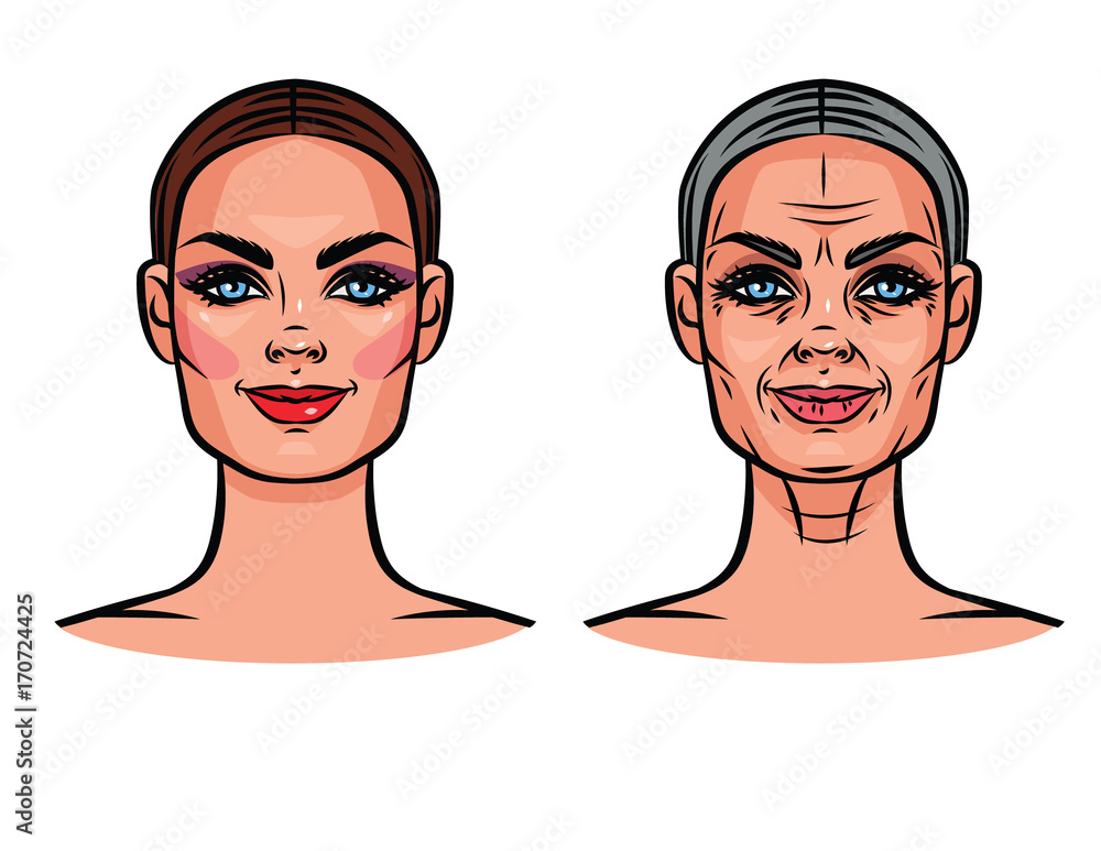 Vector set of images of beautiful woman of different age. Young girl and elderly woman Vector set of images of beautiful woman of different age. Young girl and elderly woman