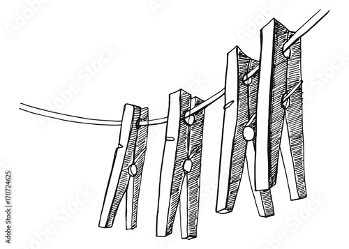 clothespins hang on the rope. vector illustration hand drawing