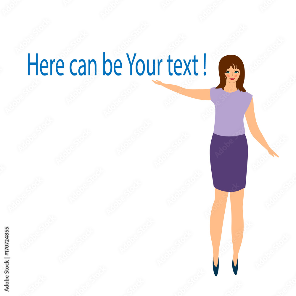 Girl advertises the product. Woman shows up on the text. Lorem ipsum, template. Vector illustration flat icon. Girl advertises the product. Woman shows up on the text. Lorem ipsum, template. Vector illustration flat icon.