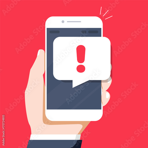 Phone notifications, new message received concepts. Hand holding smartphone with speech bubble