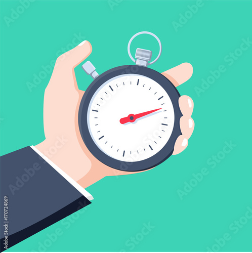 Man holds in his hand a sports stopwatch. Time management concept. Vector illustration.